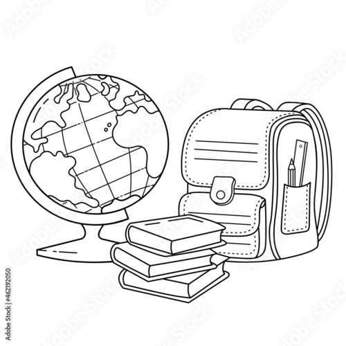 Coloring Page Outline of children satchel or knapsack with books or textbooks and with globe. School supplies. Coloring book for kids