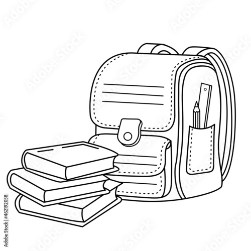 Coloring Page Outline of children satchel or knapsack with books or textbooks. School supplies. Coloring book for kids