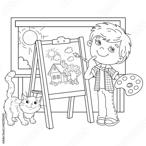 Coloring Page Outline Of cartoon boy with brush, paints and cat. Little artist at the easel drawing cute house. Coloring book for kids