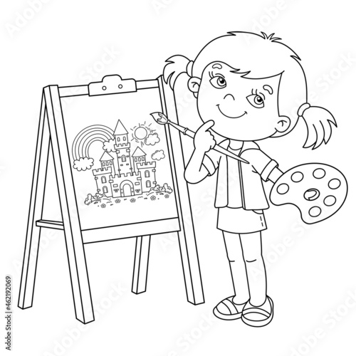 Coloring Page Outline Of cartoon girl with brush and paints. Little artist at the easel drawing fairy castle. Coloring book for kids
