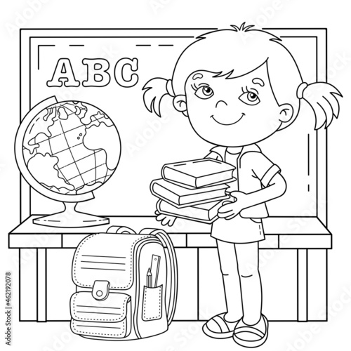 Coloring Page Outline Of cartoon girl with school supplies. Little student or schooler with globe, books and satchel. School lesson. Coloring book for kids