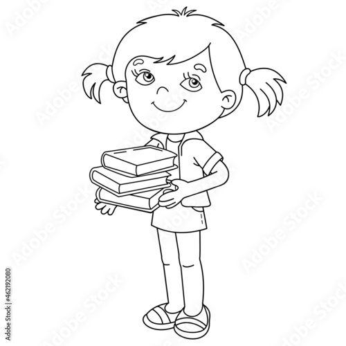 Coloring Page Outline Of cartoon girl with books or textbooks. Little student or schooler. School. Coloring book for kids