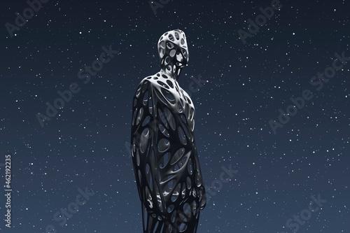 Three dimensional render of wireframe man admiring starry sky at night