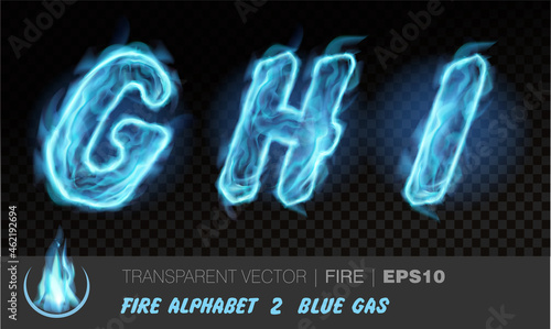 Alphabet of blue gas fire. Transparent realistic vector on dark background. Fiery font with light effect for your text. Letters GHI