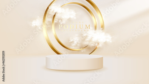 Product show podium with sparkle golden circle ring lines and clouds elements, 3d realistic luxury style background.