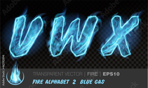 Alphabet of blue gas fire. Transparent realistic vector on dark background. Fiery font with light effect for your text. Letters VWX photo