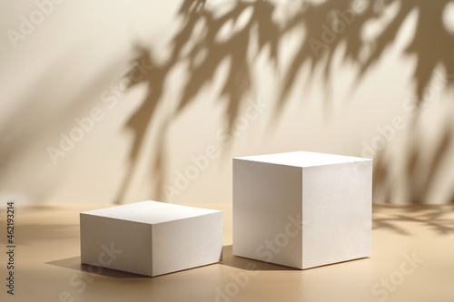 Abstract minimal nature scene - empty stage with two white rectangle podiums on beige background and shadows of tree leaves. Pedestal for cosmetic product and packaging mockups display presentation photo