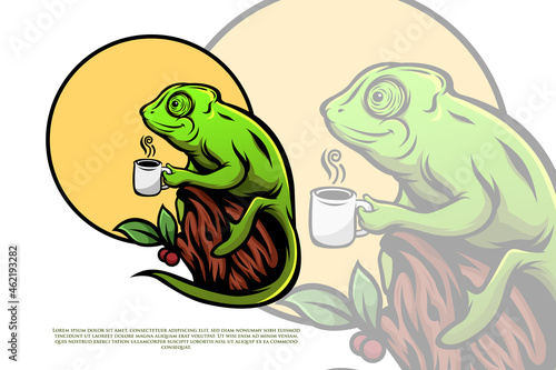 Chameleon enjoying coffee illustration photo