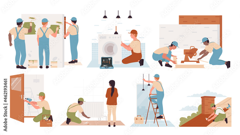 Repairman at work repair service set vector illustration. Cartoon worker electrician character working, handyman technician in helmets repairing equipment at home, painting wall isolated on white
