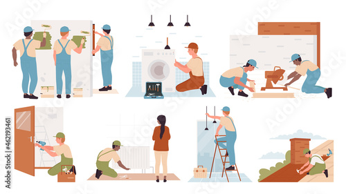 Repairman at work repair service set vector illustration. Cartoon worker electrician character working, handyman technician in helmets repairing equipment at home, painting wall isolated on white