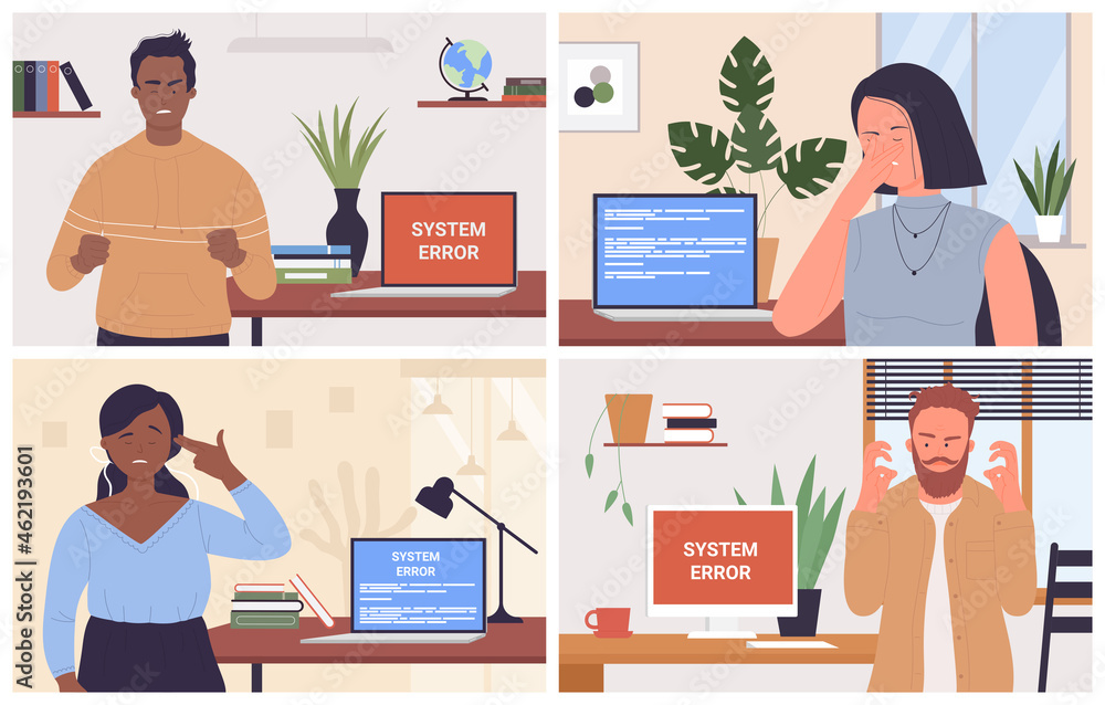 Fototapeta premium Mistake error on computer screen and angry or sad business people vector illustration set. Cartoon man woman employee characters have pc problem, frustrated businessman in office workplace background