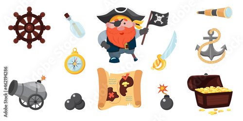 Set of cartoon Pirate items. Cute Bundle Pirate. Pirate character, spyglass, map, saber, treasure chest, anchor. Illustration isolated on white. Elements of piracy. Designs for print and web