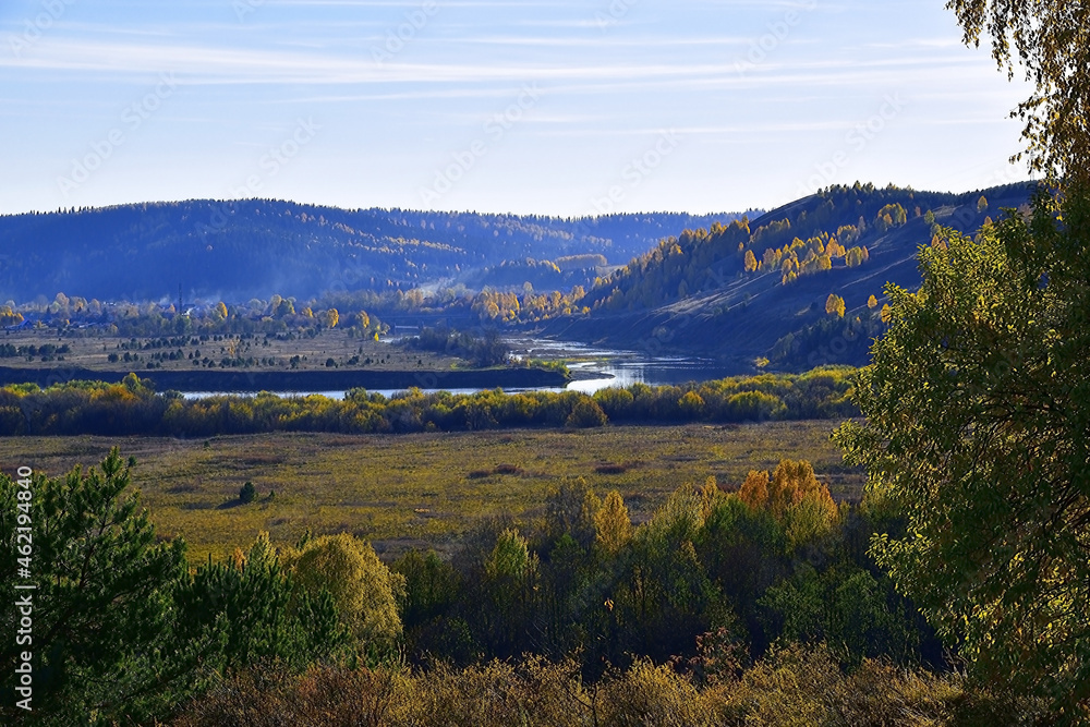 Autumn sunny panorama of Kolomagina mountain, Posad village and Sylva river Autumn sunny panorama of Kolomagina mountain, Posad village and Sylva river