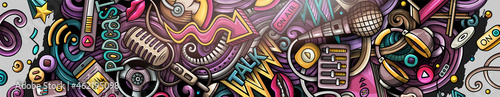 Audio Content hand drawn doodle banner. Cartoon vector detailed flyer.
