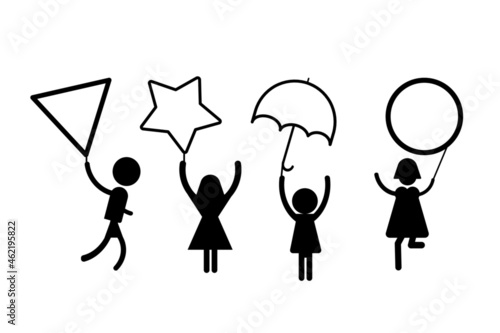 Symbol design. Circle, Triangle, Star, Umbrella, Square shape with children isolated on white background.