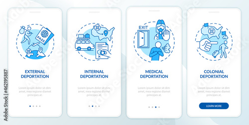 Deportation types blue onboarding mobile app page screen. Immigration problems walkthrough 4 steps graphic instructions with concepts. UI, UX, GUI vector template with linear color illustrations