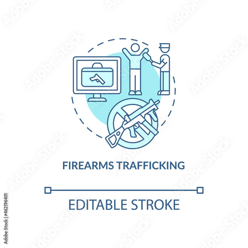 Firearms trafficking blue concept icon. Security guard searching for weapons. Arrest smuggler. Deportation abstract idea thin line illustration. Vector isolated outline color drawing. Editable stroke