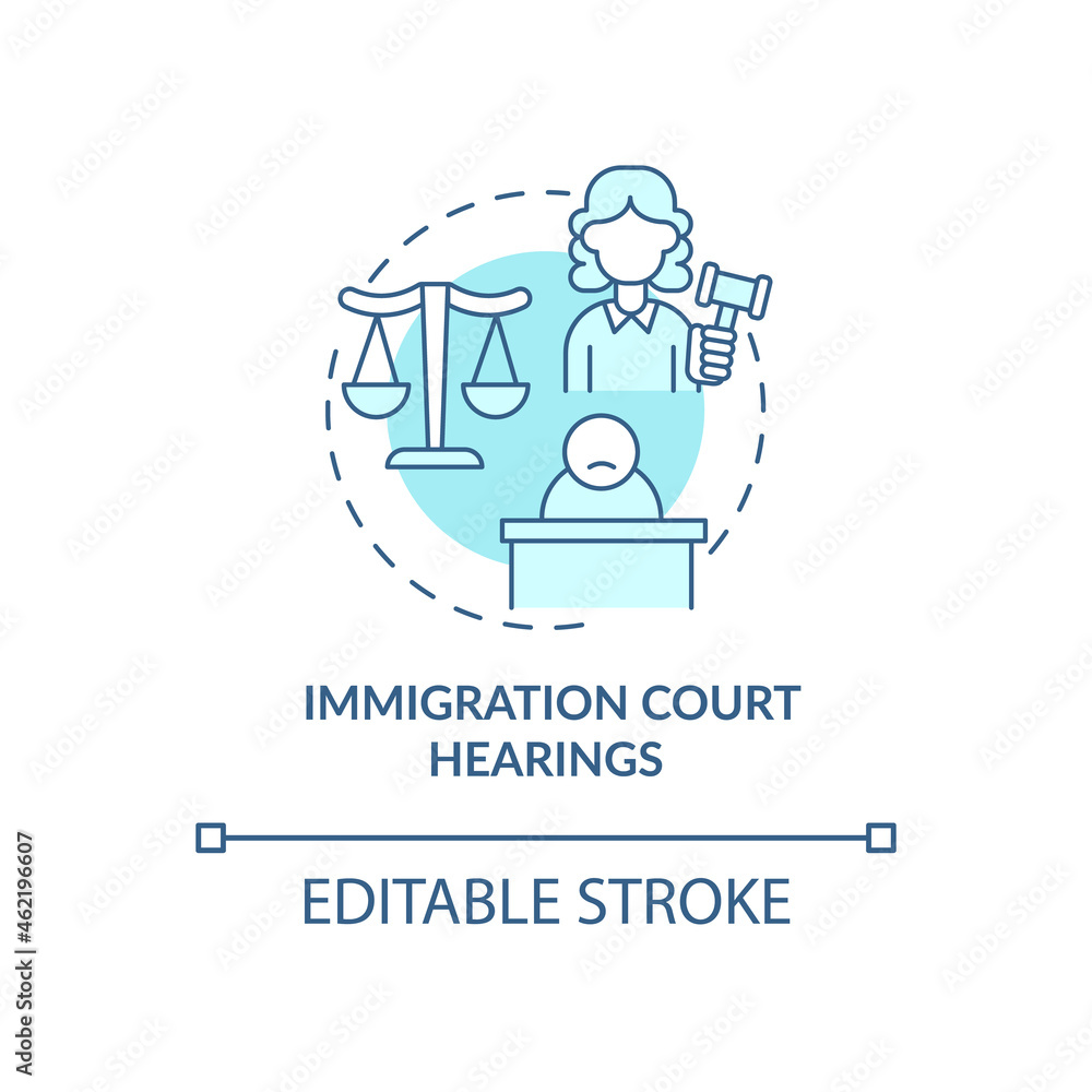 Immigration court hearings blue concept icon. Judicial procedure on immigration cases. Deportation abstract idea thin line illustration. Vector isolated outline color drawing. Editable stroke Immigration court hearings blue concept icon. Judicial procedure on immigration cases. Deportation abstract idea thin line illustration. Vector isolated outline color drawing. Editable stroke