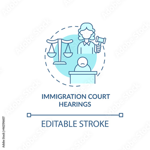 Immigration court hearings blue concept icon. Judicial procedure on immigration cases. Deportation abstract idea thin line illustration. Vector isolated outline color drawing. Editable stroke