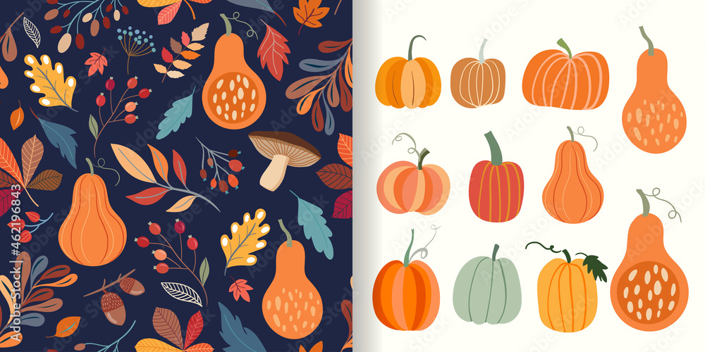 Autumn  Thanksgiving set with seamless pattern and pumpkins collection  - obrazy, fototapety, plakaty 