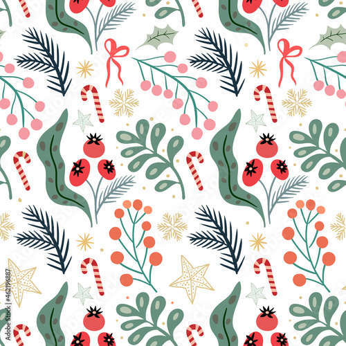 Christmas seamless pattern  with festive design, gift paper, floral winter background, wallpaper