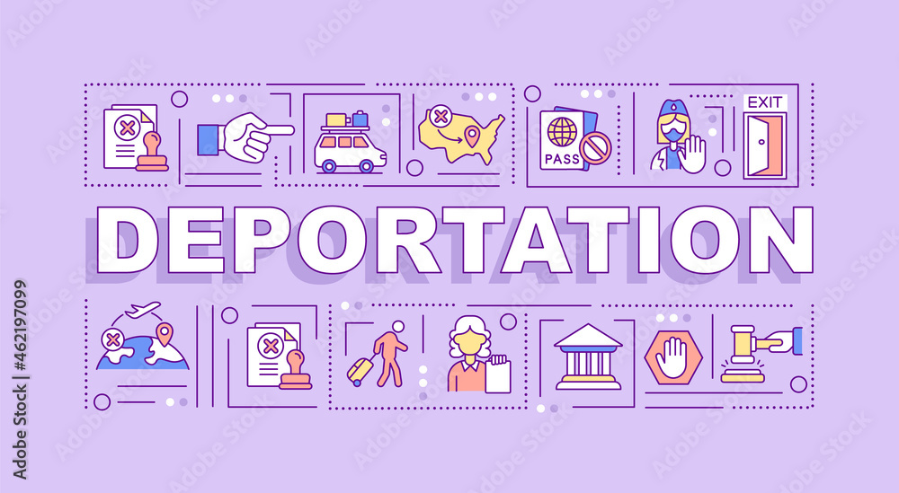Deportation word concepts banner. Official removal from country. Infographics with linear icons on purple background. Isolated creative typography. Vector outline color illustration with text Deportation word concepts banner. Official removal from country. Infographics with linear icons on purple background. Isolated creative typography. Vector outline color illustration with text