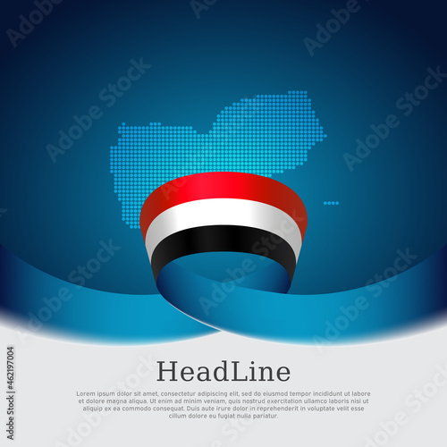 Yemen flag, mosaic map on blue white background. Wavy ribbon with the yemen flag. Vector banner design, national poster. Business booklet. State yemeni patriotic flyer, brochure