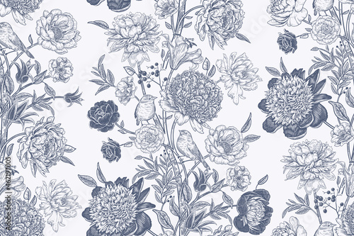 Black and white floral background. Peonies and birds. Vintage seamless pattern.