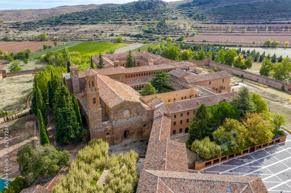 Aerial view of church in the Abbey Royal Monastery of Santa Maria de Veruela, Vera de Moncayo, Zaragoza, Spain