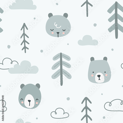 Cute northern forest scandinavian nursery pattern with bears. Seamless texture for textile, fabric, apparel, wrapping, paper, stationery.