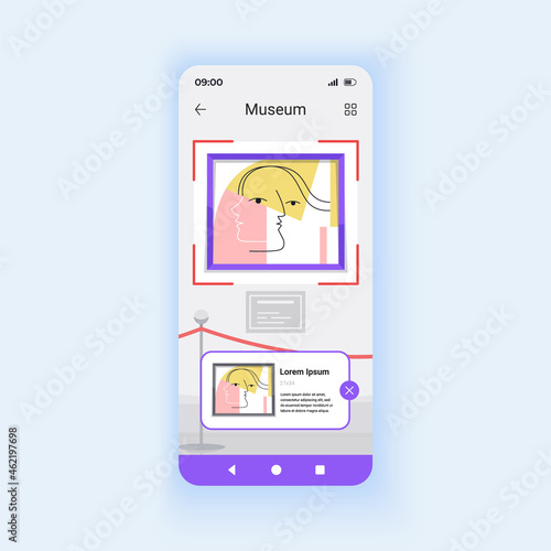 Museum light smartphone interface vector template. Mobile app page design layout. Augmenter reality tour. Interactive art gallery guide screen. Flat UI for application. Phone display
