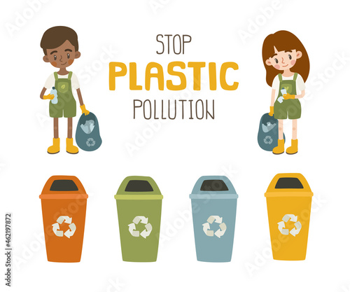 Cute young kids collect plastic garbage and sorting with recycling container. Poster about care of environment for children, schools, preschooler.