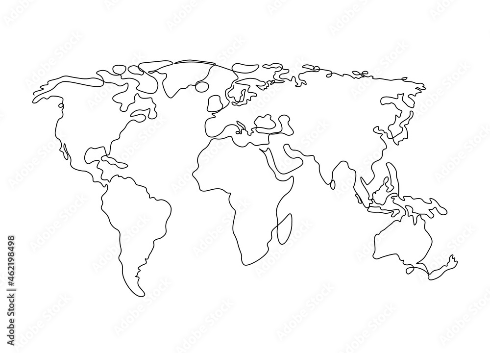 One line world map. Minimal continuous doodle line map, simple graphic design of continents drawing. Vector illustration One line world map. Minimal continuous doodle line map, simple graphic design of continents drawing. Vector illustration