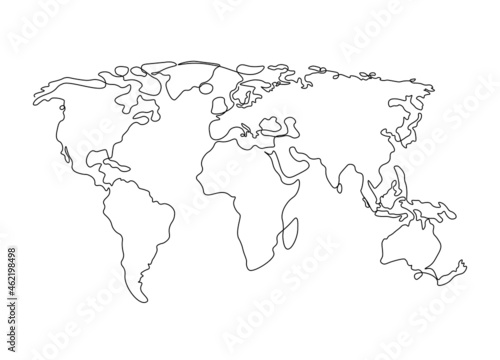 One line world map. Minimal continuous doodle line map, simple graphic design of continents drawing. Vector illustration