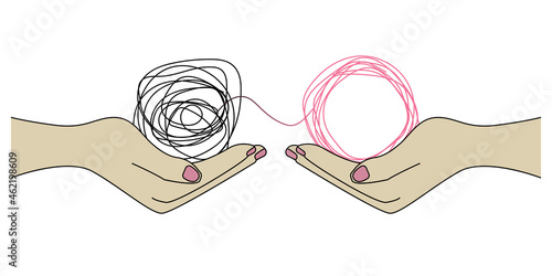 Tangled and untangled tangle. Help of coach, psychologist. Business coaching, mentoring