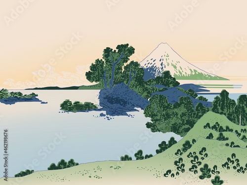 Illustration of Fuji mountain behind the natural lake with transparent fog on warm morning clear sky photo