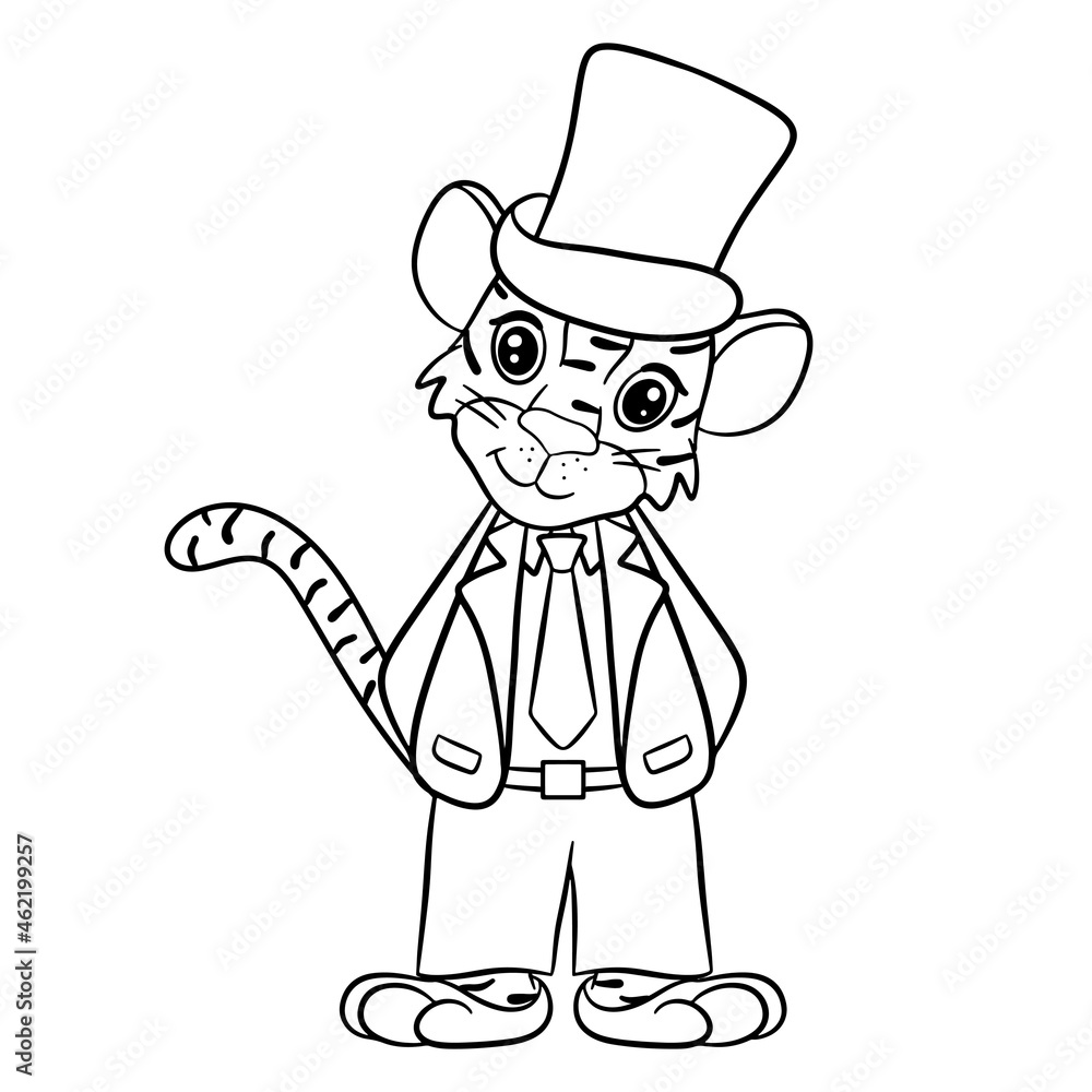 Tiger is symbol of the new year according to the Chinese or Eastern calendar. In a suit and in top hat, contour for coloring. Vector editable illustration, cartoon style Tiger is symbol of the new year according to the Chinese or Eastern calendar. In a suit and in top hat, contour for coloring. Vector editable illustration, cartoon style
