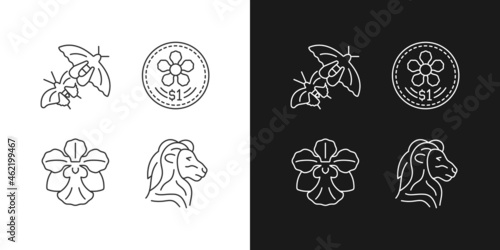 National animal and flower of Singapore linear icons set for dark and light mode. Coins design. Orchid flower. Customizable thin line symbols. Isolated vector outline illustrations. Editable stroke