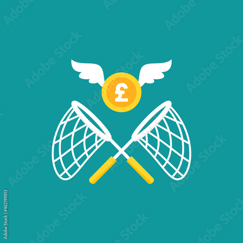 Two crossed butterfly nets with flying golden pound coin. Catch, hunt, chase money symbol.