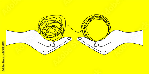 Tangled and untangled tangle. Help of coach, psychologist. Business coaching, mentoring