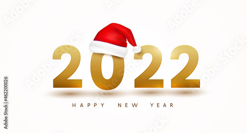 Happy New Year and Santa Claus cap. Golden 3D numbers with red Christmas hat on white background. Gold 2022 holiday greeting card design template