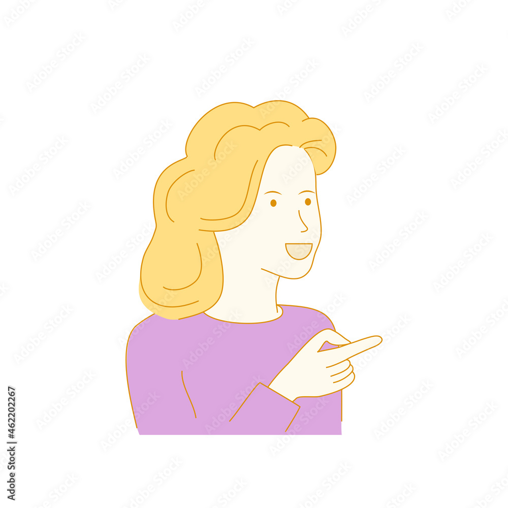 Woman pointing finger isolated on white background. Woman looking sideways. For web site, ad, wallpaper and placard. Useful for backdrop, poster and banner. Creative art concept, vector illustration Woman pointing finger isolated on white background. Woman looking sideways. For web site, ad, wallpaper and placard. Useful for backdrop, poster and banner. Creative art concept, vector illustration