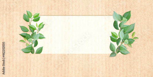 Green leaves on cardboard texture. Horizontal banner with eco paper texture