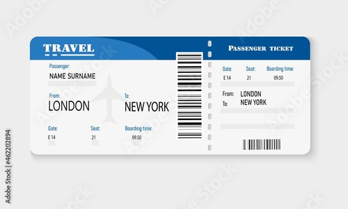  Airplane ticket. Boarding document on board the aircraft. Paper tear-off coupon with QR code. Checking a passenger of airlines. Vector illustration.
