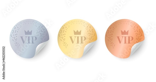 VIP stickers, in vintage style with a sticky layer. Shiny, Gold, Silver and Bronze emblem with the winner's wreath. Premium quality seal. Design element. 3D vector illustration.
