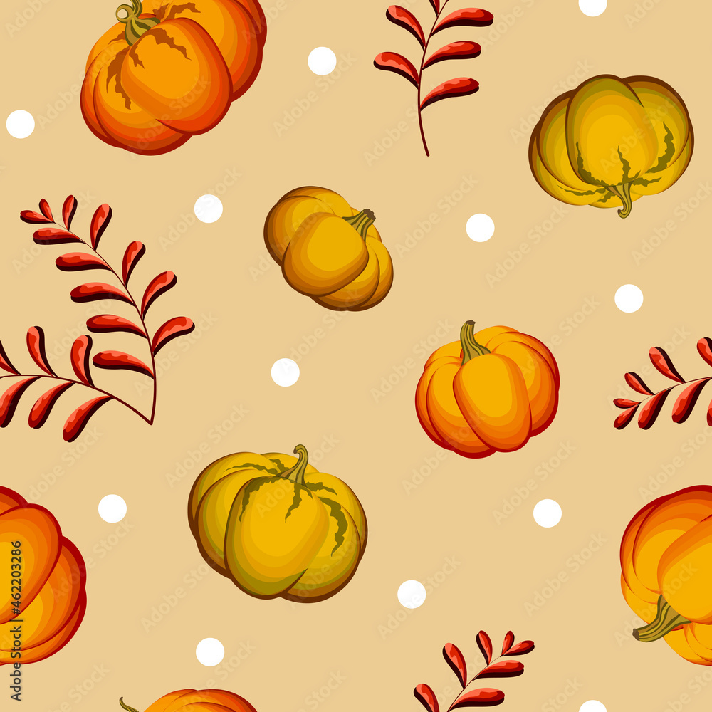 Hand-drawn autumnal season surface design of ripe vegetables and red leafage in flat style. Spotted cosy pumpkins pattern in beige background. Natural vector elements for wallpaper, textile, fabric. Hand-drawn autumnal season surface design of ripe vegetables and red leafage in flat style. Spotted cosy pumpkins pattern in beige background. Natural vector elements for wallpaper, textile, fabric.