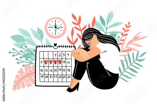 Cramps period. Menstruation days vector illustration, lady periodical abdomen pain dates, girls calendar periodic menstrual time, women menstruating health cycle, woman emotional agenda