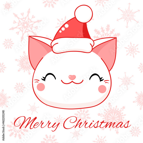 Square greeting Christmas card with kawaii cat. Cute white kitty In Santa hat. Inscription Merry Christmas. Vector illustration EPS8 