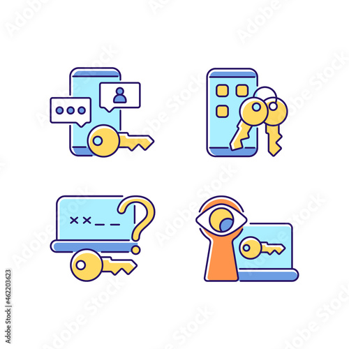 Password protection RGB color icons set. Social media safety. Phone lock. Shoulder surfing. Online privacy management. Isolated vector illustrations. Simple filled line drawings collection