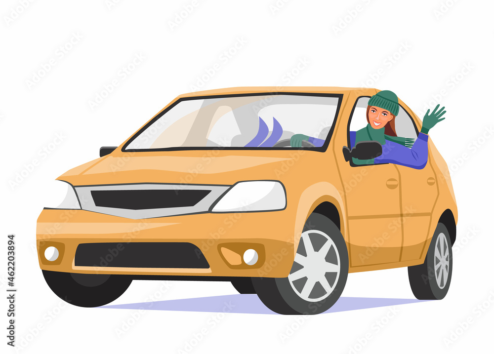 A happy woman in a hat and with a scarf around her neck is driving a yellow car and waving her hand. Illustration in flat style